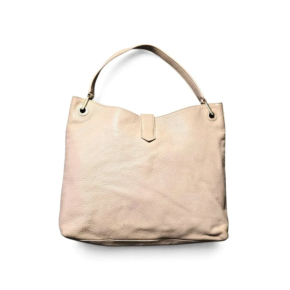 TORY BURCH Plaque Hobo Bag Blush Pebbled Leather Shoulder Purse Beige